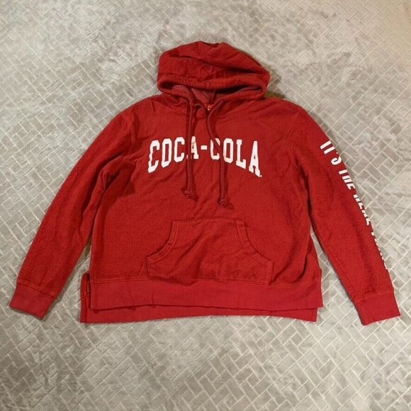 Coca Cola Womens Large Hoodie Sweatshirt Red Spell Out Logo Pullover - Picture 1 of 12